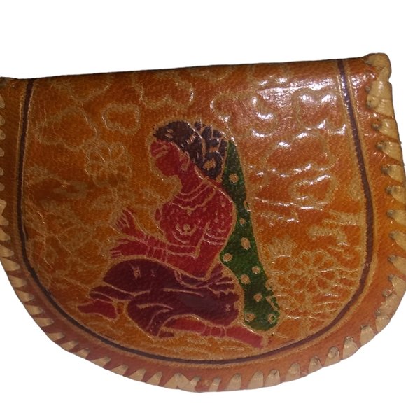 VTG Kane M Hindu Woman Leather Side Stitched Brown Coin Purse Snap Closure Bag - Picture 2 of 8